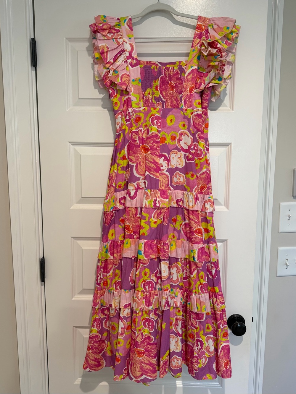 Floral Pink Ruffle-Sleeve Tiered Midi Dress - Picture 2 of 2